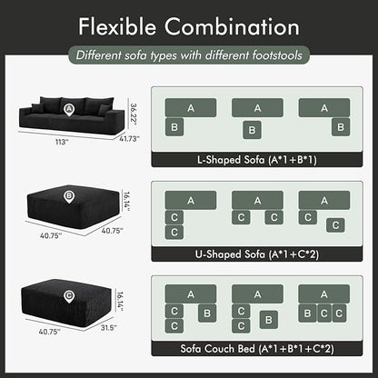 Boneless Sectional Cloud Couch Sofa for Living Room, 112" U-Shaped Modular Modern Lounge Sleeper Black Couches with Chaise, No Assemble, Cordury Compression Upholstered Sofas