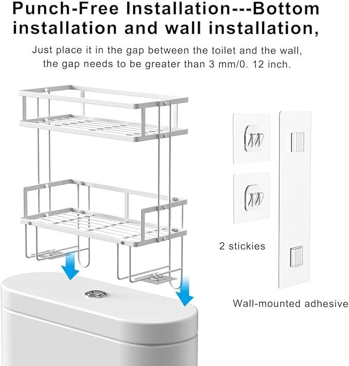 Over The Toilet Storage Shelf, 2-Tier Bathroom Storage Organizer Upgrade Punch-Free Toliet Storage Shelf, Home Storage Rack with Hooks Shelf,White