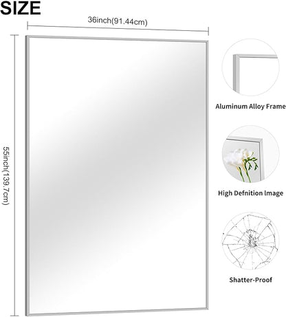 36x55 inch Bathroom Mirror, Silver Rectangle Mirror with Thin Metal Frame, Large Rectangular Wall Mirrors for Bathroom, Living Room, Big Mirror Hang Horizontal/Vertical