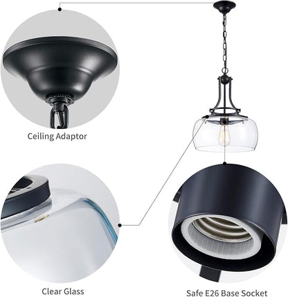 WUZUPS Chandelier Rustic Farmhouse Industrial Round Ceiling Pendant LED Light Fixture with Clear Glass Shades for Dining Room Kitchen Island Foyer Entryway, H 17" x W 13.4", E26 Base, Black