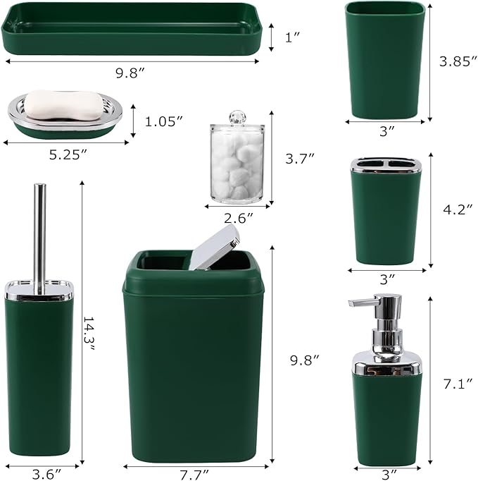 Dark Green Bathroom Accessories Set, Green Bathroom Set with Trash Can, Toothbrush Holder, Toothbrush Cup, Soap Dispenser, Soap Dish, Toilet Brush Holder, 2 Qtip Holder Dispensers and Tray