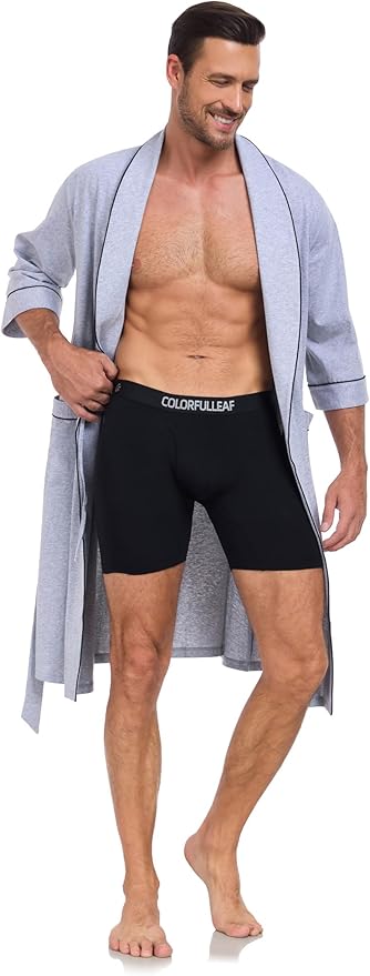 COLORFULLEAF Men's Bathrobes 100% Cotton Soft Comfort Breathable Short Sleeve Summer Kimono Mens Lightweight Robe