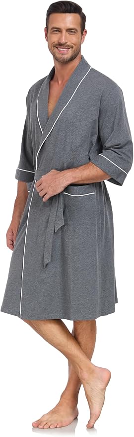 COLORFULLEAF Men's Bathrobes 100% Cotton Soft Comfort Breathable Short Sleeve Summer Kimono Mens Lightweight Robe