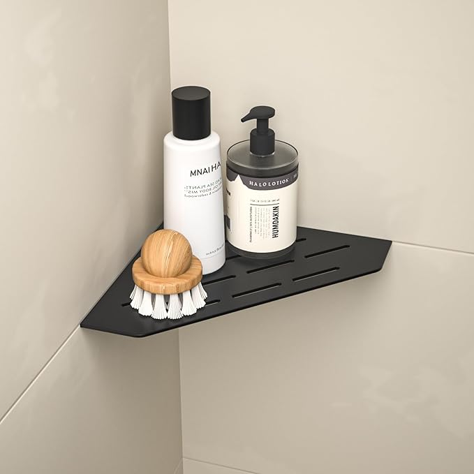 Corner Shower Shelf, 304 Stainless Steel Pentagonal Heavy Duty Floating Corner Sheves Slot Design Recessed Bathroom Shelf for Tiled Wall 2 Pack(Matte Black, 8"-2 Pack)