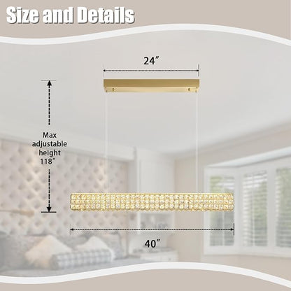 Rectangle Crystal Chandelier Modern Gold Crystal Chandelier Rectangular Pendant Lighting Fixture for Dining Room Kitchen Island Bedroom (L 40")
