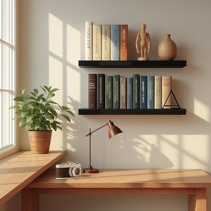 Solid Walnut Floating Shelves for Wall, 24"*10"*1.6"Real Thick Wood Mounted Wall Display Shelf with Joinery for Home Decor, Bathroom,Kitchen（ Black Stain）