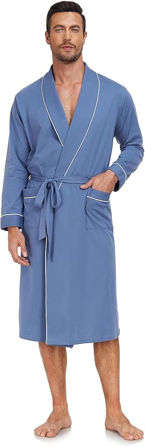 COLORFULLEAF Mens 100% Cotton Robes Lightweight Summer Long Bathrobe Sleepwear Soft Knit Spa Robe with Pockets