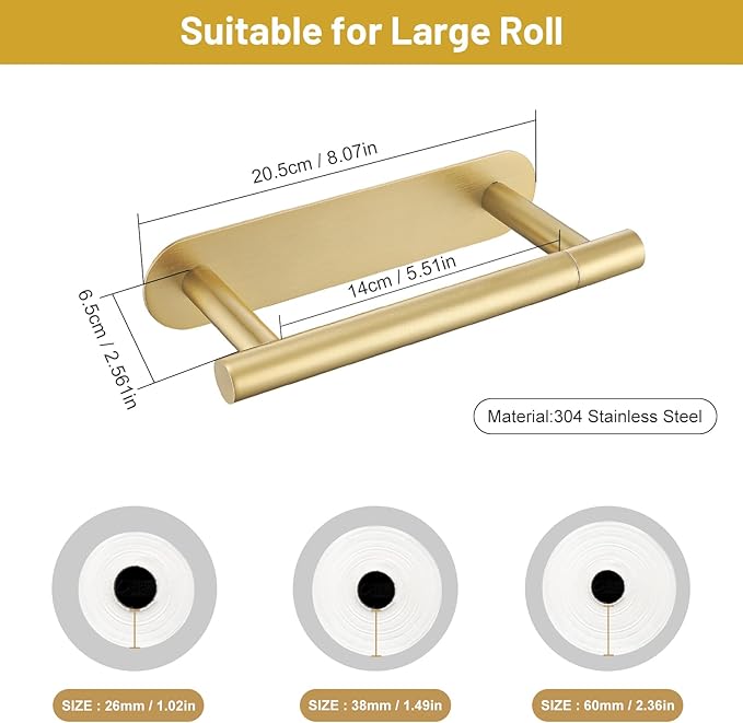 Self Adhesive Brushed Gold Toilet Paper Holder, SUS304 Stainless Steel Toilet Roll Holder, Double Base Paper Towel Holder Wall Mount No Drilling for Bathroom, Kitchen, Washroom