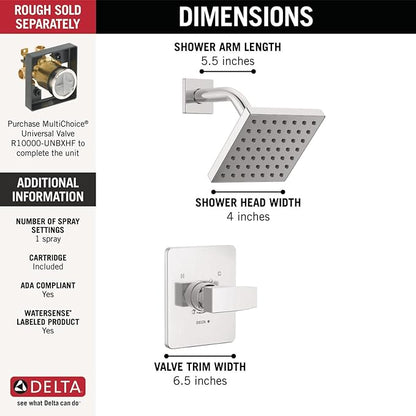 Delta Modern 14 Series Shower Faucet Set, Chrome Shower Head and Handle Set, Valve Trim Kit, Chrome T14267-PP (Valve Not Included)