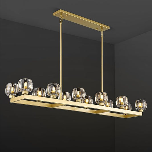 59 Inch Brass Rectangle Wagon Wheel Chandeliers, Gold Chandelier for Dining Room Over Table, Modern Crystal Long Chandelier, Farmhouse Large Linear Chandeliers for Kitchen Island