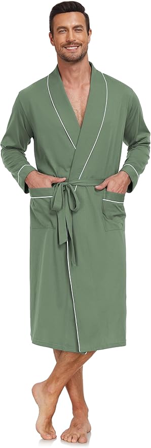 COLORFULLEAF Mens 100% Cotton Robes Lightweight Summer Long Bathrobe Sleepwear Soft Knit Spa Robe with Pockets