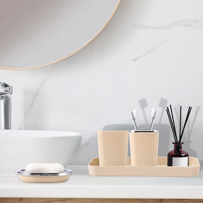 Beige Bathroom Set, Plastic 9-Piece Bathroom Set with Trash Can, Soap Dispenser, Toothbrush Holder, Toothbrush Cup, Soap Dish, Toilet Brush, Tray and Q-tip Holders for Bathroom/Housewarming