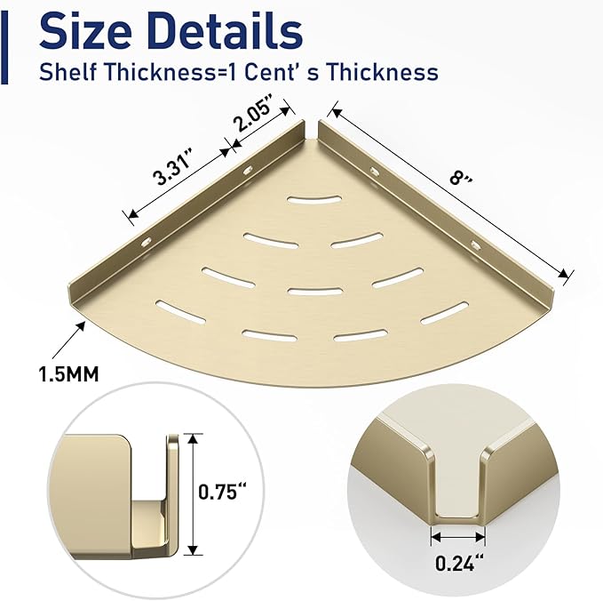2 Pack Corner Shower Shelves Load Capacity 40 lbs 304 Stainless Steel Shower Corner Shelf Will not Rust 8in Shower Shelf for Inside Shower Brushed Gold Drilling Installation