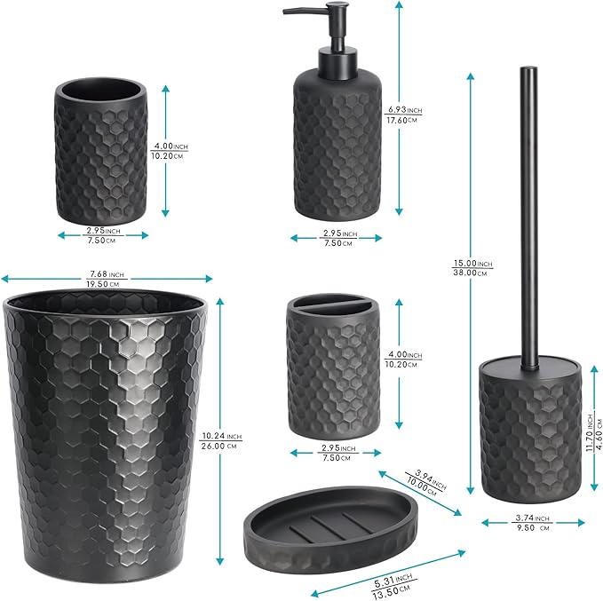 zccz Bathroom Accessory Set - 6 Pcs Black Bathroom Accessories Set with Trash Can, Toothbrush Holder, Toothbrush Cup, Soap Dispenser, Soap Dish, Toilet Brush with Holder - Accessoire Salle de Bain