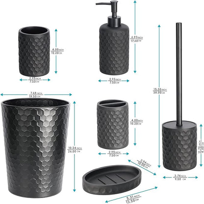 zccz Bathroom Accessory Set - 6 Pcs Black Bathroom Accessories Set with Trash Can, Toothbrush Holder, Toothbrush Cup, Soap Dispenser, Soap Dish, Toilet Brush with Holder - Accessoire Salle de Bain