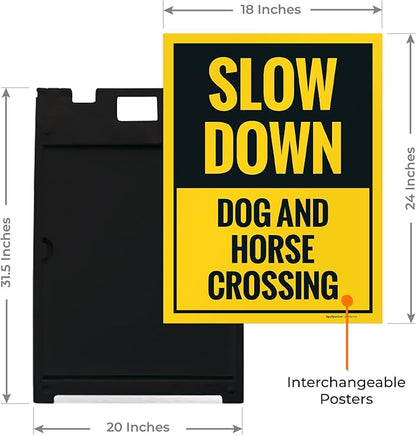 Slow Down Dog and Horse Crossing Sidewalk Sign Kit, 18x24 Inches, with A Frame Stand, Made in USA
