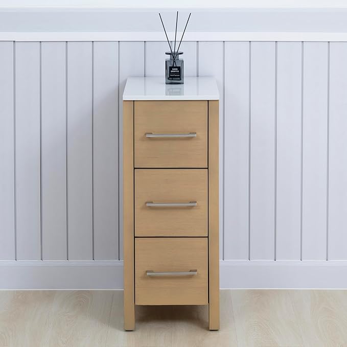 Vanity Art 12 Inch Bathroom Cabinet 3 Dove-Tailed Drawers with Engineered Marble Top Side Storage Organizer Freestanding Single Vanity VA3112-NO