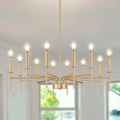 12 Light Gold Chandelier Light Fixture, Modern Farmhouse Chandeliers for Dining Room Light Fixture, Metal Candle Pendant Chandelier for Foyer Entryway Stairs Living Room Bedroom Kitchen