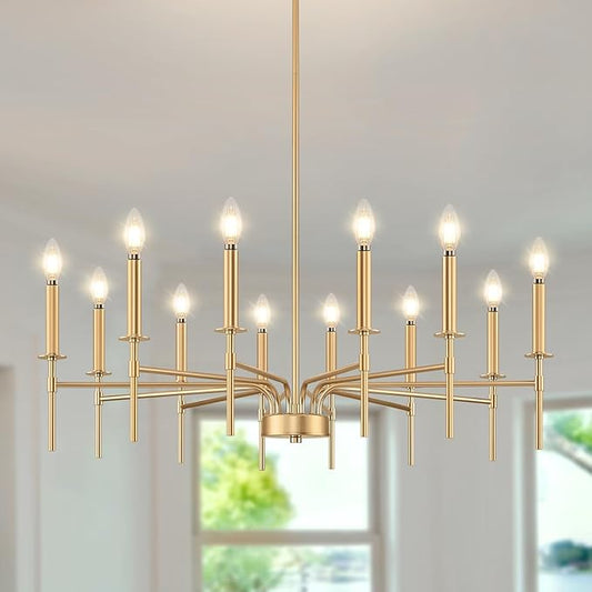 12 Light Gold Chandelier Light Fixture, Modern Farmhouse Chandeliers for Dining Room Light Fixture, Metal Candle Pendant Chandelier for Foyer Entryway Stairs Living Room Bedroom Kitchen