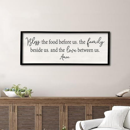 Bless the Food Before Us Sign Wall Decor 32''×12'' Large Farmhouse Dining Room Wall Decor Framed Wood Rustic Home Wall Art Kitchen Decoration (Black)