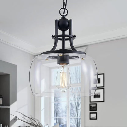 WUZUPS Chandelier Rustic Farmhouse Industrial Round Ceiling Pendant LED Light Fixture with Clear Glass Shades for Dining Room Kitchen Island Foyer Entryway, H 13" x W 10", E26 Base, Black