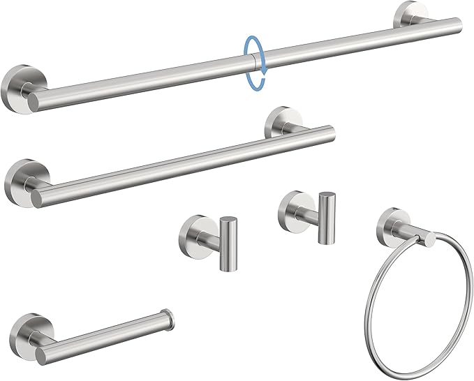 Brushed Ncikel Bathroom Accessories Set, SUS304 Stainless Steel 6 Pieces Bathroom Hardware Set, 16&26 Inch Bath Towel Bar Set, 2 Towel Hooks, Toilet Paper Holder, Towel Racks for Bathroom Wall Mounted