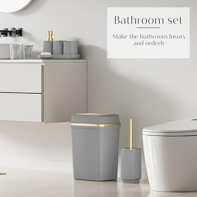 9PCS Bathroom Accessory Set, Grey Bathroom Set with Large-Capacity 4 Gallon Trash Can, Bathroom Accessories Set Complete, Toothbrush Holder, Soap Dispenser, Toilet Brush, Bathroom Decor