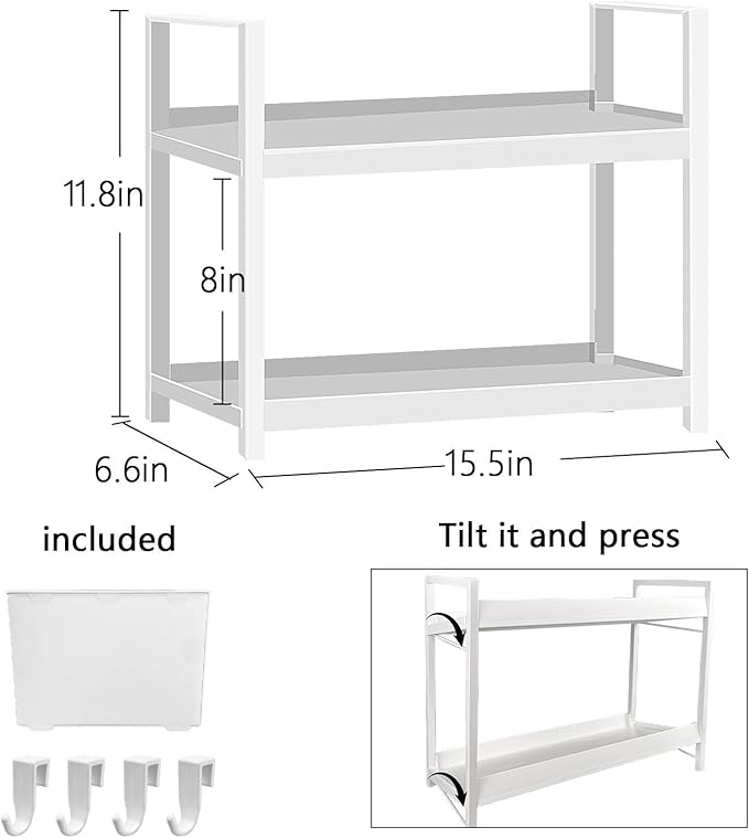 Bathroom Organizer Countertop with Basket & Hooks, 2 Tier Shelf Bathroom Organizers and Storage for Perfume, Cologne, White Countertop Organizer for Vanity, Kitchen, Office or Under Sinks