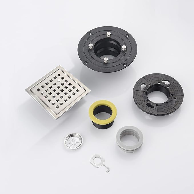 4 Inch Brushed Nickel Shower Floor Drain Square for Bathroom Kitchen Removable Grille Plate Cover with Flange Kit, Sus304 Stainless Steel