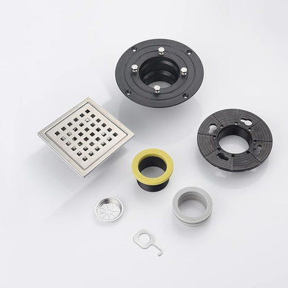 4 Inch Brushed Nickel Shower Floor Drain Square for Bathroom Kitchen Removable Grille Plate Cover with Flange Kit, Sus304 Stainless Steel