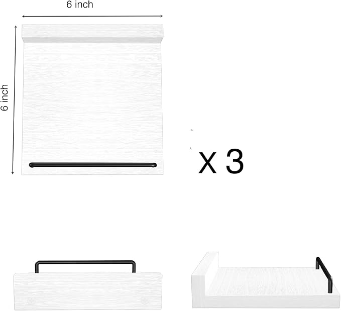Small Floating Shelf, 6 X 6 Inches Farmhouse Wall Shelves for Living Room, Bedroom, Picture Frames, Plants, Kitchen, Set of 3 (White and Black)