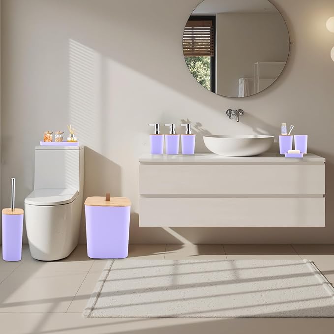 Purple Bathroom Accessories, Bathroom Accessories Set with Trash Can, Soap Dispenser, Toothbrush Holder, Toothbrush Cup, Soap Dish, Toilet Brush, Tray and Q-tip Holders for Housewarming