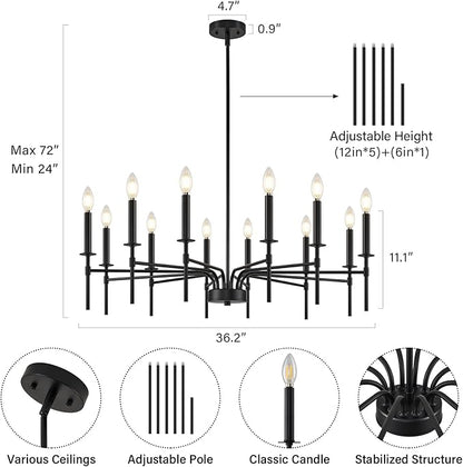 12 Light Black Chandelier Light Fixture, Modern Farmhouse Chandeliers for Dining Room Light Fixture, Metal Candle Pendant Chandelier for Foyer Entryway Stairs Living Room Bedroom Kitchen
