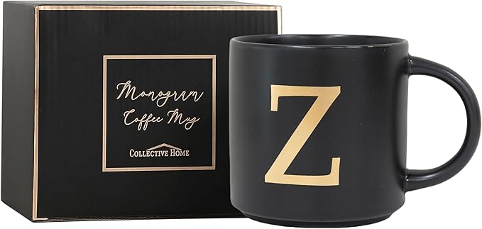 COLLECTIVE HOME - Monogram Ceramic Mugs, 15 oz Golden Initial Black Coffee Cups, Elegant Alphabet Tea Mugs, Elegant Personalized Mug with Gift Box, Unique Mug with Double Side Capital Lette (Z)