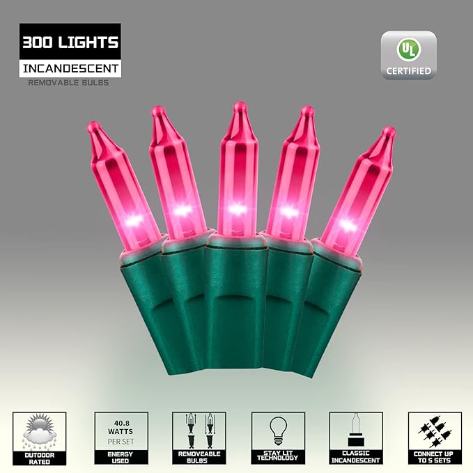 300LIGHTS(2*150L) Pink Extra-Bright with End Connectors Christmas Decorative Lights 19.44m UL Certified Mini String Light Set Waterproof for Home Garden Holiday Tree Party Patio Decor Wedding