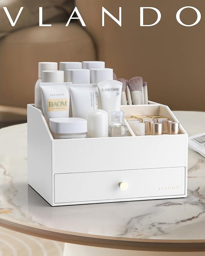 Vlando Makeup Organzier,Vanity Organizer with Drawers, PU Leather Skincare Organizer Perfume Organizer,Large Cosmetic Display Case for Lipstick,Brushes Gifts for Women-White