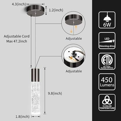 OKELI Modern Pendant Light,3Color LED Bubble Crystal Island Light Fixtures,Black Mini Pendant Lighting for Kitchen Island,Bar,6W,3000-6000K,ETL