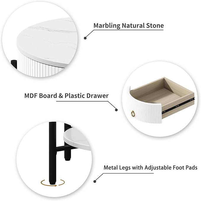 OIOG Round End Table with Drawer, Modern 2 Tier NightStand with Shelf, Small Side Table with Sintered Stone Tabletop for Living Room, Bedroom, Dorm, and Office, Marbling Natural Stone/White