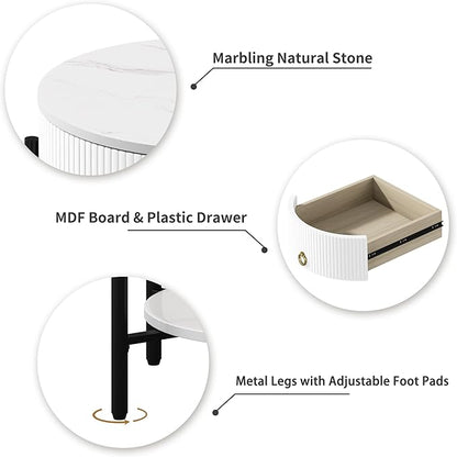 OIOG Round End Table with Drawer, Modern 2 Tier NightStand with Shelf, Small Side Table with Sintered Stone Tabletop for Living Room, Bedroom, Dorm, and Office, Marbling Natural Stone/White