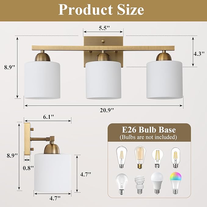 Stainless Steel Milk Glass Vanity Lights for Bathroom, 3 Light Brass Bathroom Light Fixtures Over Mirror, Ceramic E26 Sockets Wall Mounted