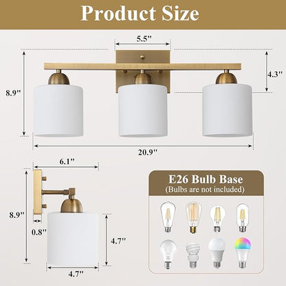 Stainless Steel Milk Glass Vanity Lights for Bathroom, 3 Light Brass Bathroom Light Fixtures Over Mirror, Ceramic E26 Sockets Wall Mounted
