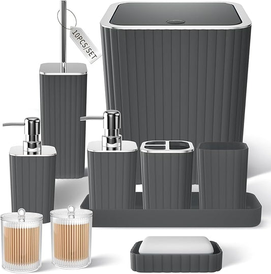 Bathroom Accessories Set - Gorgeous Grey Bathroom Set, 10PC Bathroom Accessory Set, Gray Bathroom Accessories Set, Trash Can, Qtip Holder Dispenser & Soap Dispenser