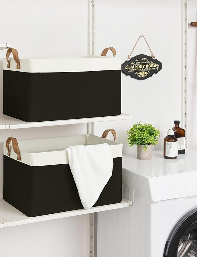 StorageWorks Storage Bins, Fabric Storage Bins for Shelves, Extra Large Storage Baskets with Metal Frame, Closet Baskets and Bins with Handles, Jumbo, Black and White, 2-Pack