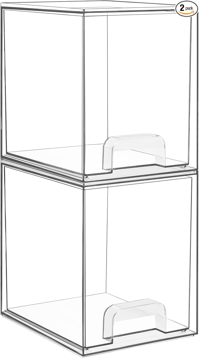 Vtopmart 7.6" H Clear Stackable Storage Drawers, 2 Pack Plastic Organizers Bins for Skincare, Cosmetics,Beauty Supplies,Ideal for Vanity, Bathroom,Kitchen Countertop,Cabinet Organization