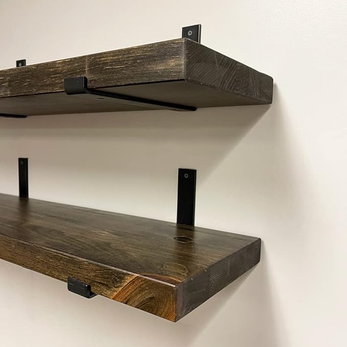 Rustic Shelves with J-Brackets Set of 2, Industrial Shelf, Kitchen Shelves, Solid Wood, Decorative Wall Storage, Heavy Duty, URBANDI (Dark Brown, 36Wx6D)