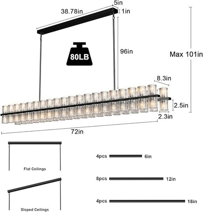 Crystal Black Rectangular Chandelier Light Fixture,72 in Large Dining Room Chandelier Over Table,Modern Chandeliers for Living Room,Arcachon Chandeliers,Kitchen Island,Includes 80xG4 Bulbs