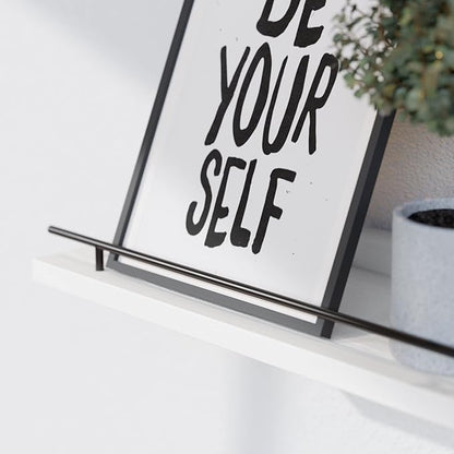 WOPITUES Floating Shelves 24 inch with Gold Metal Guardrail, Shelves for Wall Decor Set of 3, Wall Shelves for Bedroom, Bathroom, Kitchen, Living Room, Plants, Picture Frames, Art- Black and White