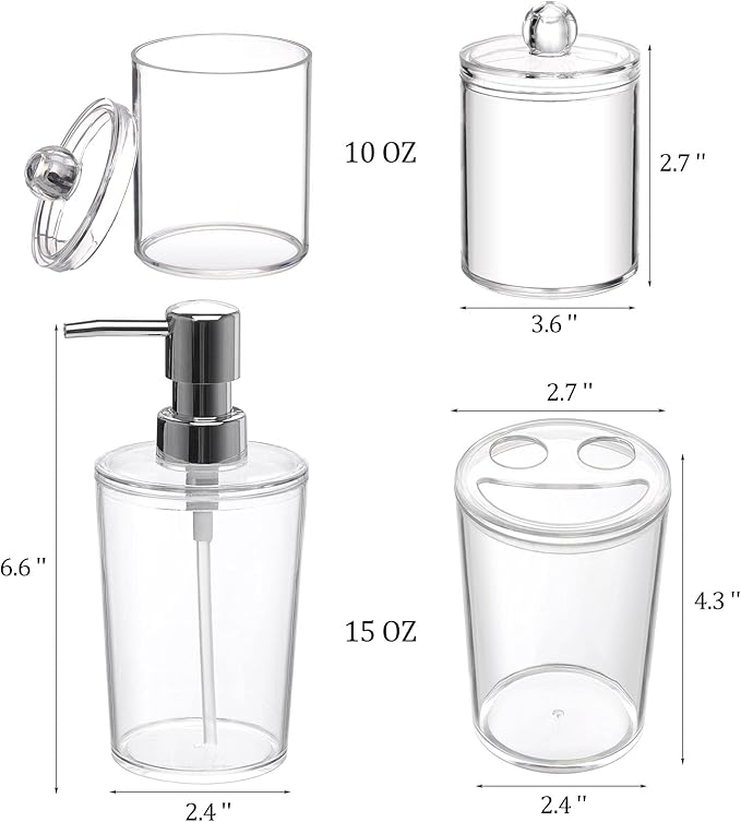 Plastic Clear Bathroom Accessories Set Complete 4 Pcs - Soap Dispenser, 2 Qtip Holder Jars and Toothbrush Holder, Counter Decor