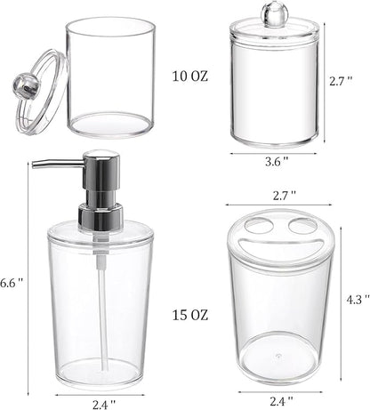 Plastic Clear Bathroom Accessories Set Complete 4 Pcs - Soap Dispenser, 2 Qtip Holder Jars and Toothbrush Holder, Counter Decor