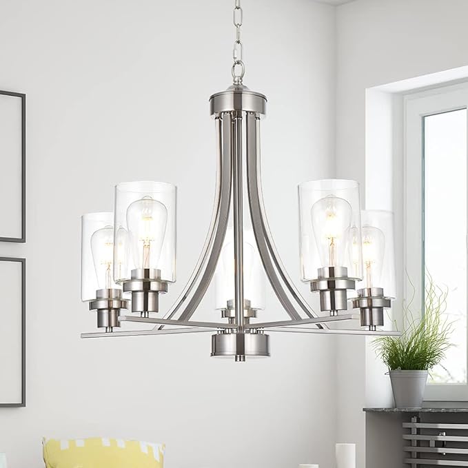 BONLICHT Traditional Chandelier Lighting 5 Light Brushed Nickel Modern Light Fixtures Hanging Pendant Lighting with Clear Glass Shade Classic Ceiling Lights for Kitchen Dining Room Living Room Island
